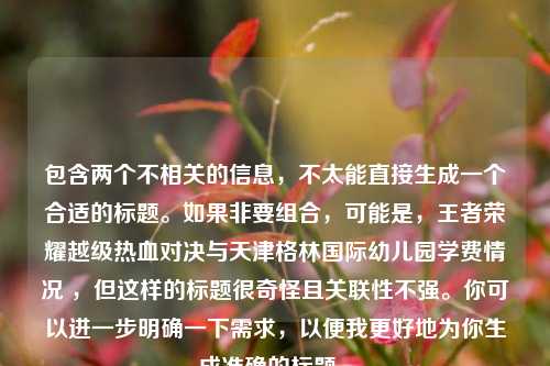包含两个不相关的信息,不太能直接生成一个合适的标题。如果非要组合,可能是,王者荣耀越级热血对决与天津格林国际幼儿园学费情况 ,但这样的标题很奇怪且关联性不强。你可以进一步明确一下需求,以便我更好地为你生成准确的标题 。