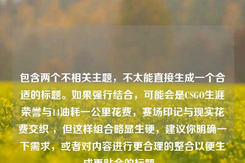 包含两个不相关主题，不太能直接生成一个合适的标题。如果强行结合，可能会是CSGO生涯荣誉与14油耗一公里花费，赛场印记与现实花费交织 ，但这样组合略显生硬，建议你明确一下需求，或者对内容进行更合理的整合以便生成更贴合的标题 。