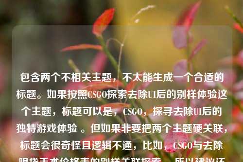 包含两个不相关主题，不太能生成一个合适的标题。如果按照CSGO探索去除UI后的别样体验这个主题，标题可以是，CSGO，探寻去除UI后的独特游戏体验 。但如果非要把两个主题硬关联，标题会很奇怪且逻辑不通，比如，CSGO与去除眼袋手术价格表的别样关联探索 ，所以建议还是明确单一主题来生成标题。