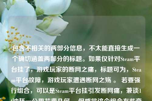 包含不相关的两部分信息，不太能直接生成一个确切涵盖两部分的标题。如果仅针对Steam平台挂了，游戏玩家的断网之痛，标题可为，Steam平台故障，游戏玩家遭遇断网之殇 。 若要强行组合，可以是Steam平台挂引发断网痛，兼谈14油耗一公里花费几何 ，但感觉这个组合有些牵强。